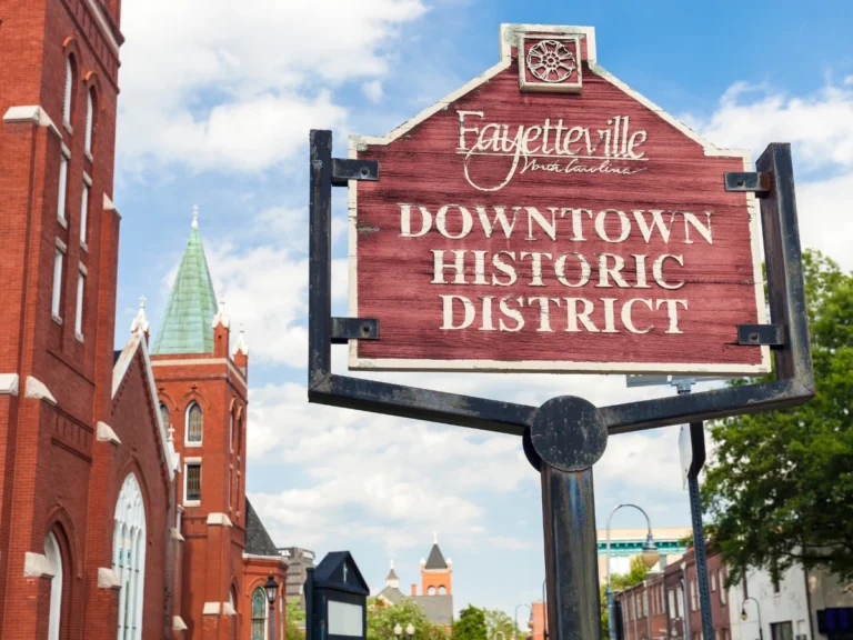 Historic district marker in downtown Fayetteville, North Carolina, representing the city's rich history, preserved architecture, and vibrant downtown revitalization efforts.